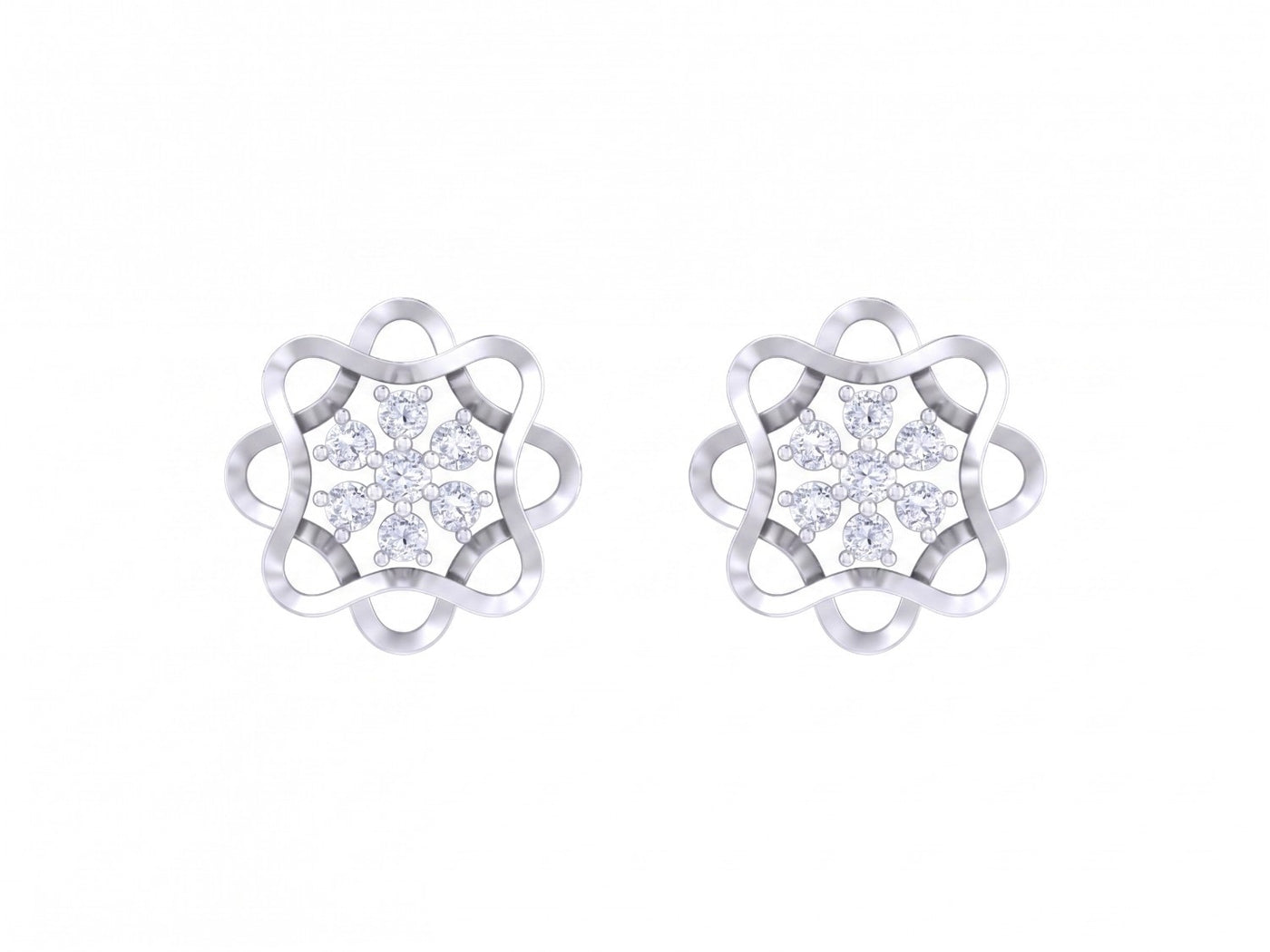 White gold and diamond stud earring with floral-design on a white background.