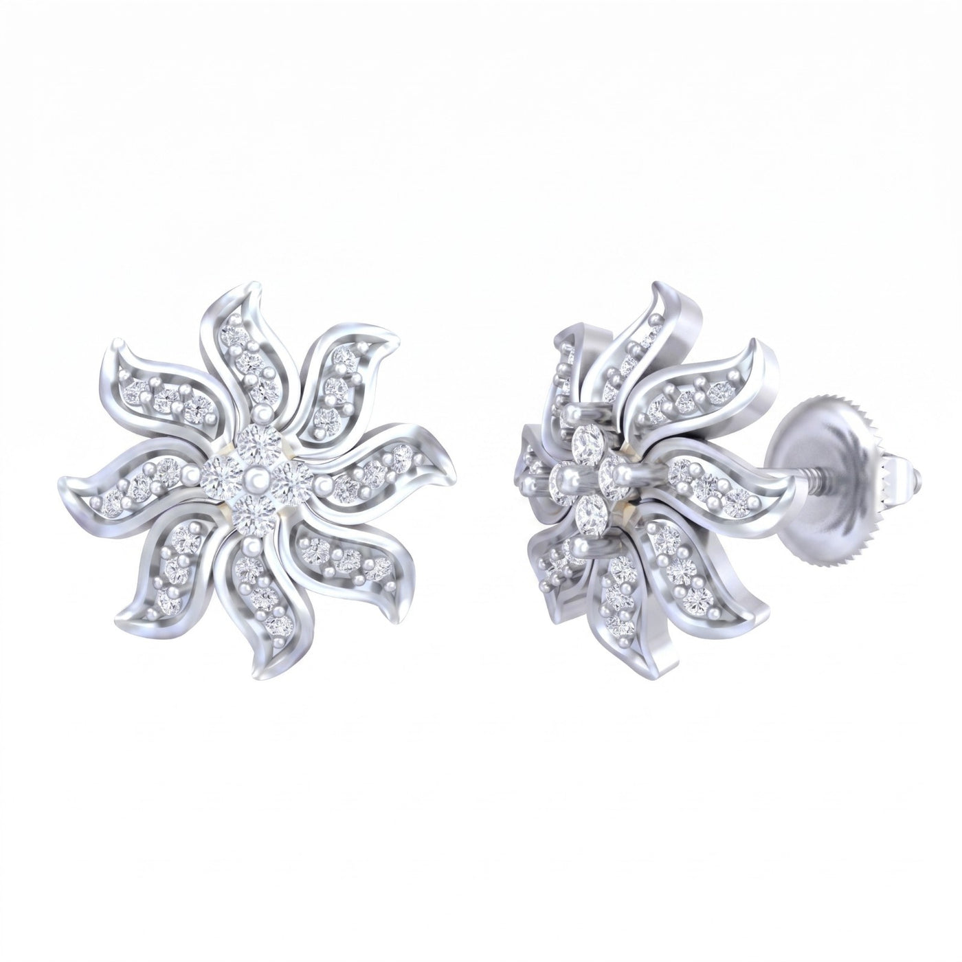 Pair of floral earrings with diamond and white gold finishes on a white background.