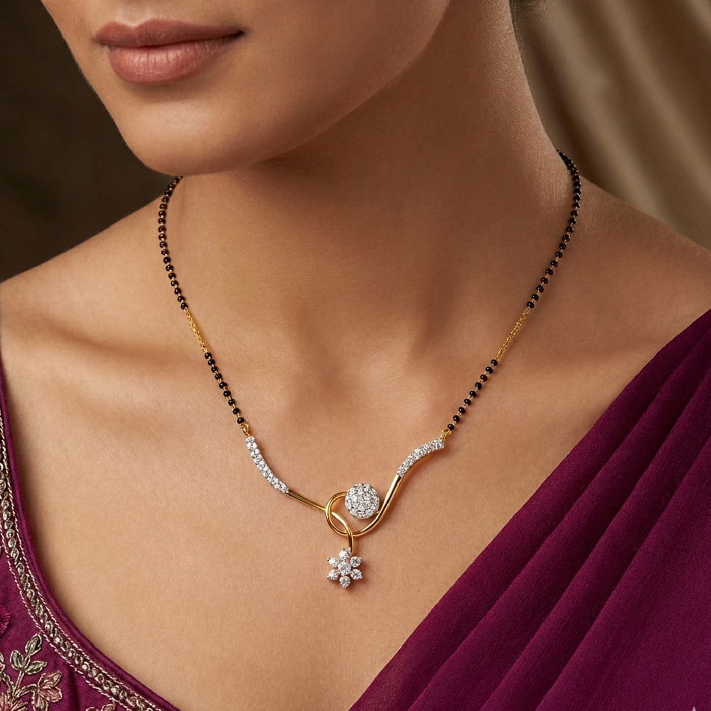 Gold & Diamond Floral Mangalsutra For Women KRC50087