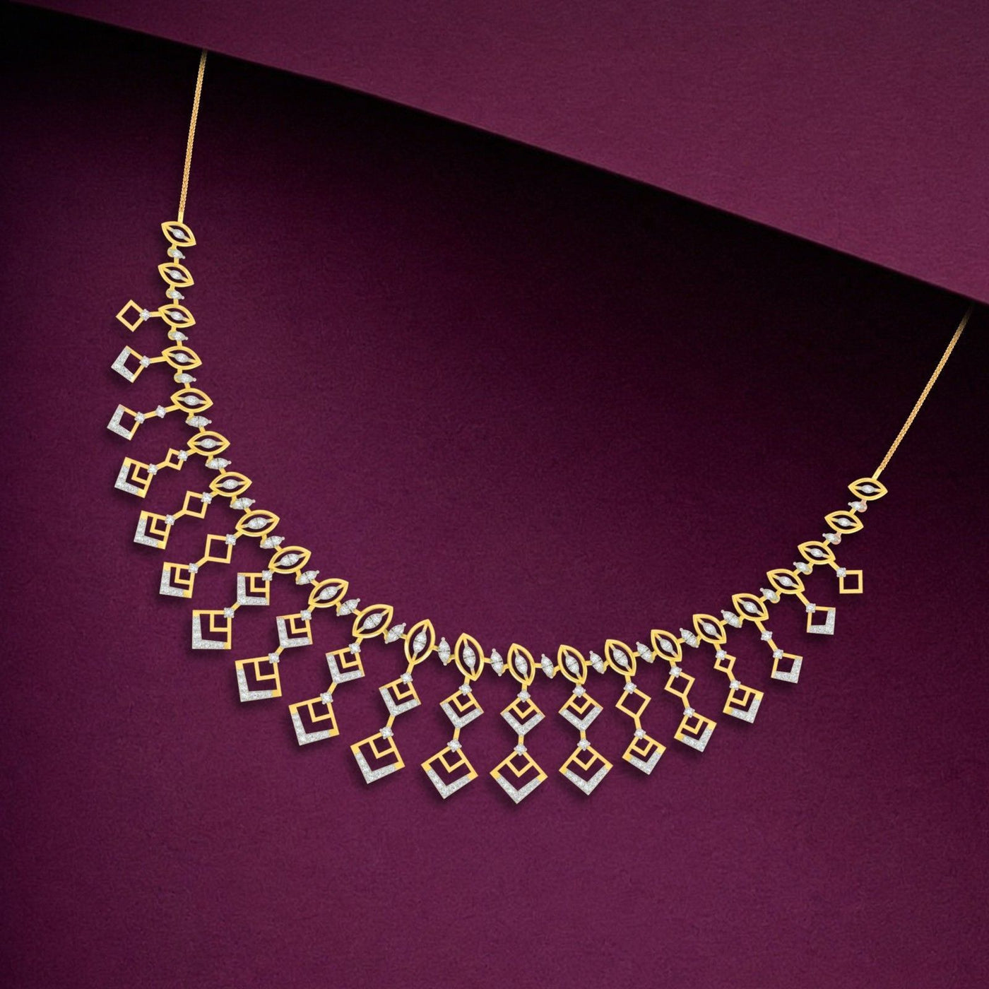 A gold and diamond geometric necklace set, displayed on a dark purple background.