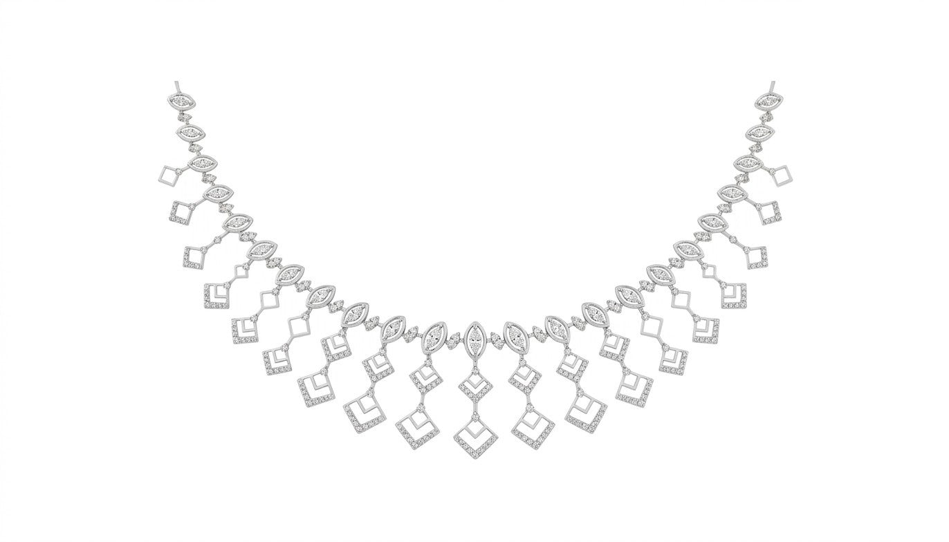 White gold and diamond necklace with a geometric diamond pattern, displayed on a solid white background.