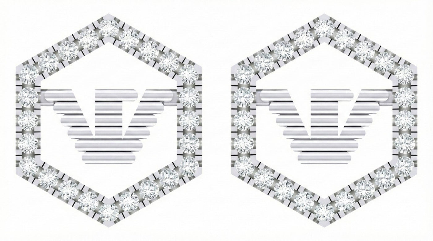 Pair of white gold and diamond-studded hexagonal frames earrings on a white background.