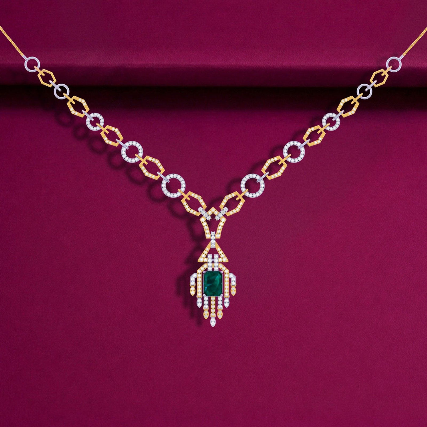 Elegant necklace with emerald design on a purple background