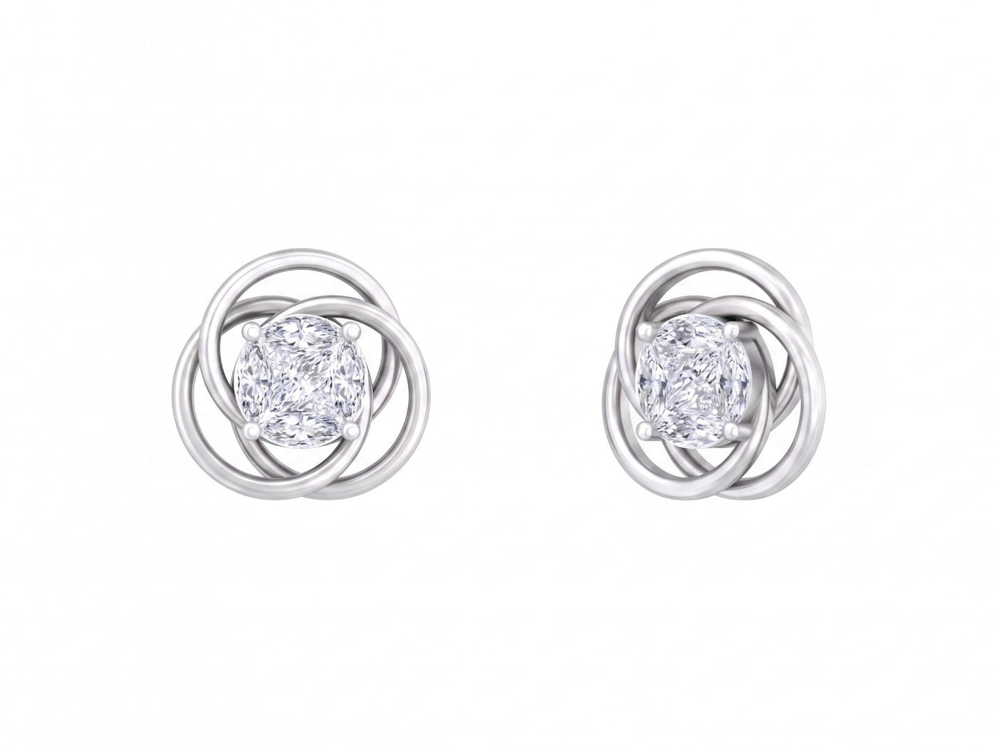 Pair of white gold and diamond floral-shaped stud earrings with center diamond on a white background.