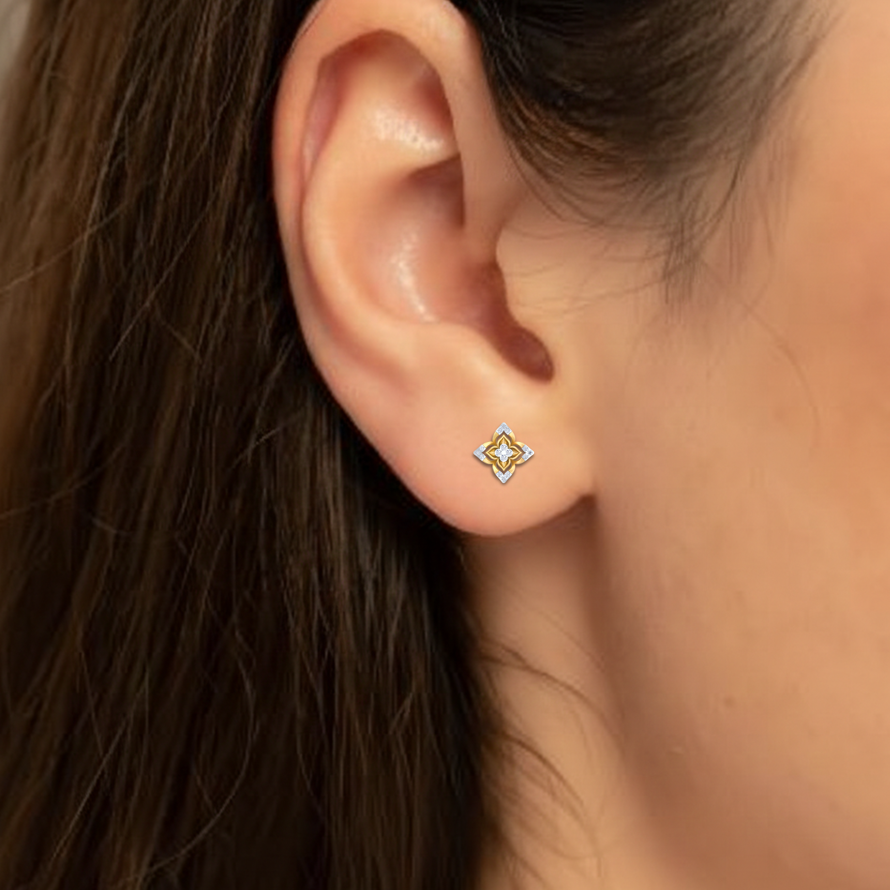 Yellow Gold Diamond Earring close up shot | under 40k 