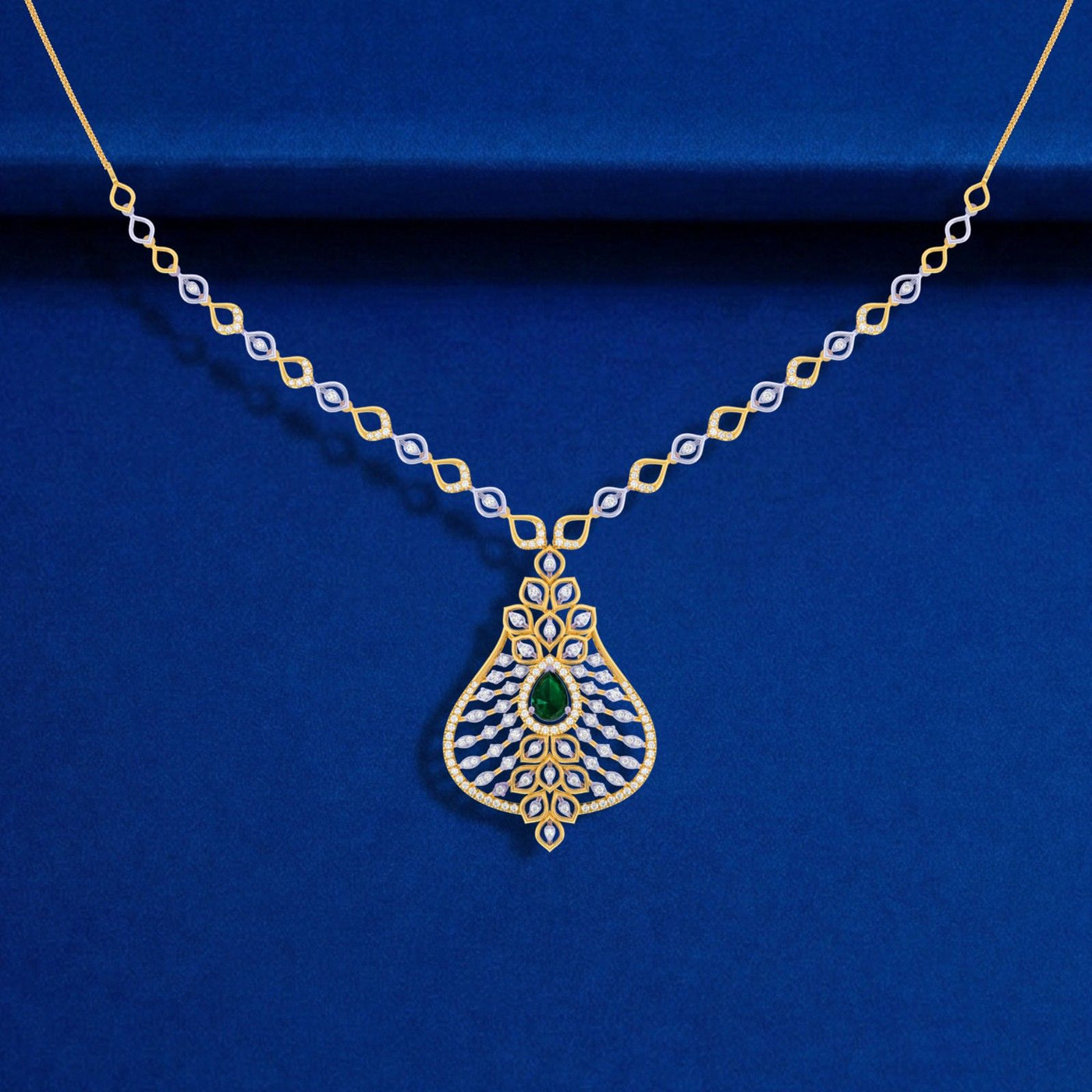 Gold necklace with a pendant on a blue background