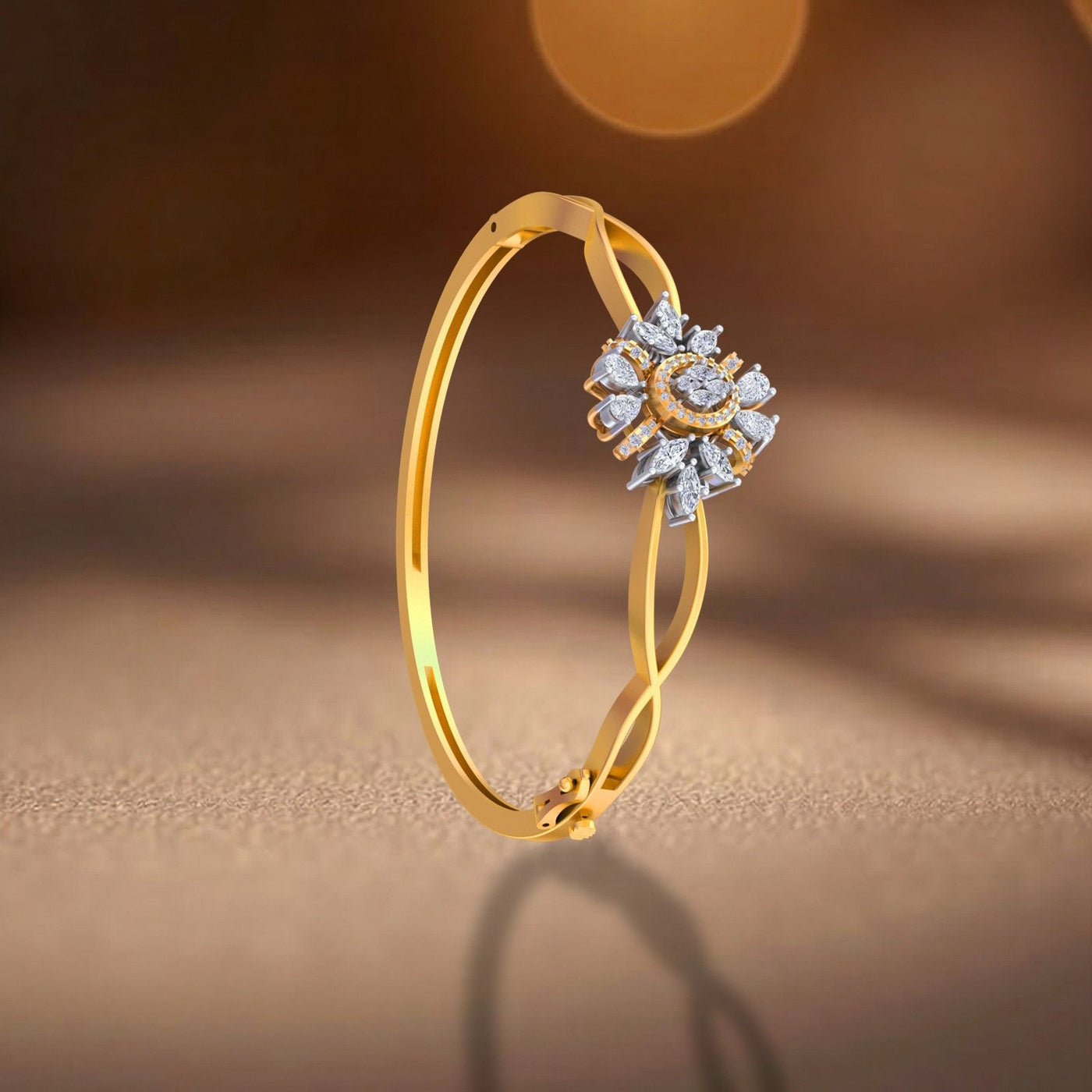 Gold bangle bracelet with diamond cluster centerpiece in starburst design, featuring twisted band detail and safety clasp.
