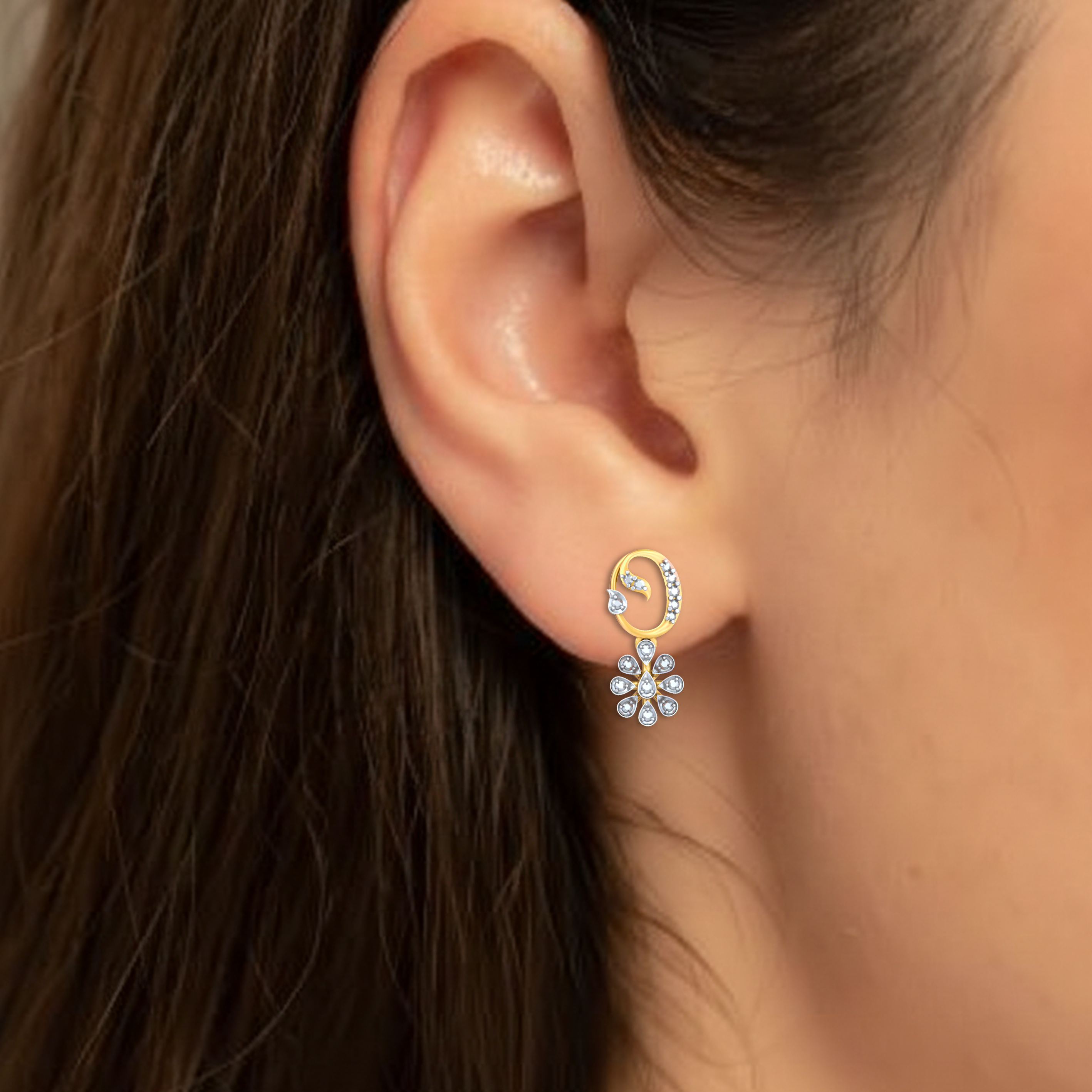 Yellow Gold Diamond Earring close up shot | under 40k 