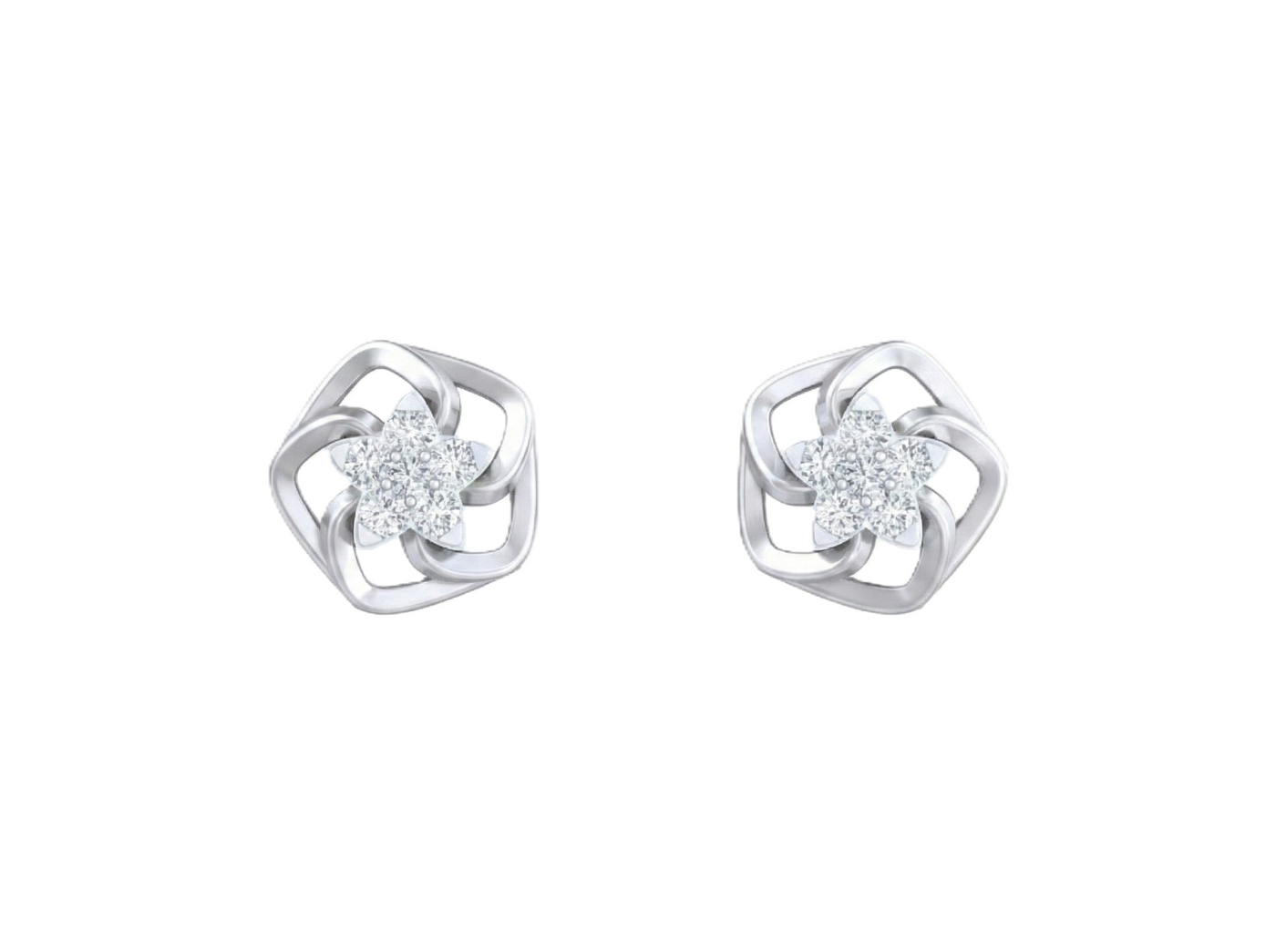 White gold earrings with diamond-like centers on a white background.