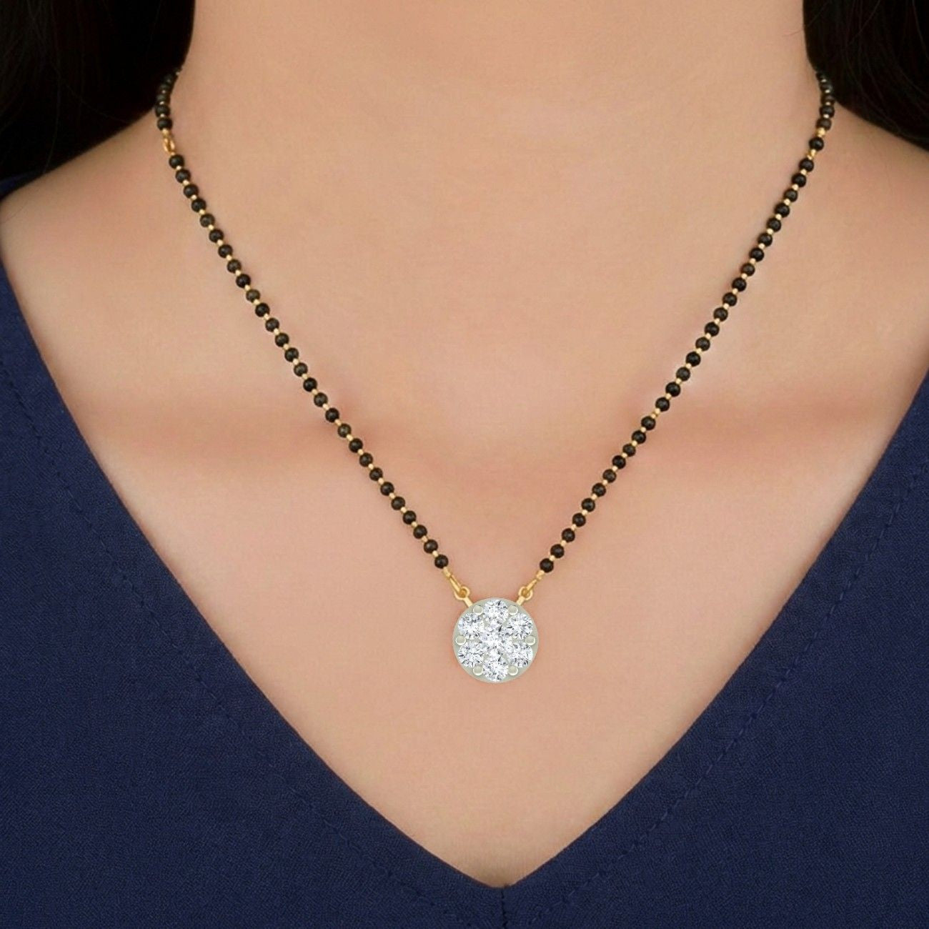 Gold & Diamond Round Modern Mangalsutra on Womens neck