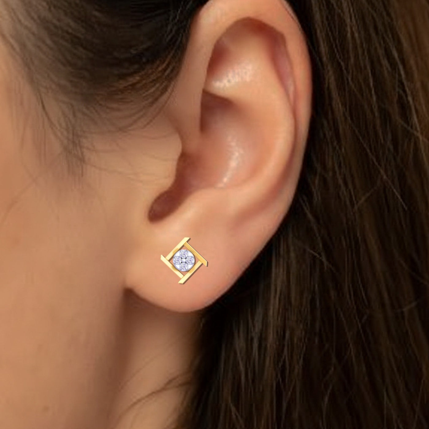 Yellow gold and diamond dailywear stud earring, close-up shot