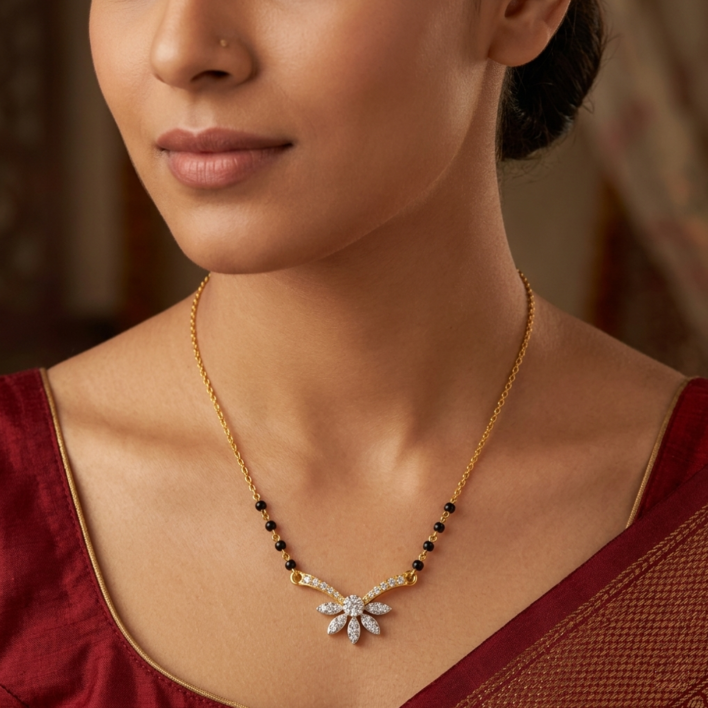 Gold & Diamond Floral Beaded Mangalsutra For Women KRC50144