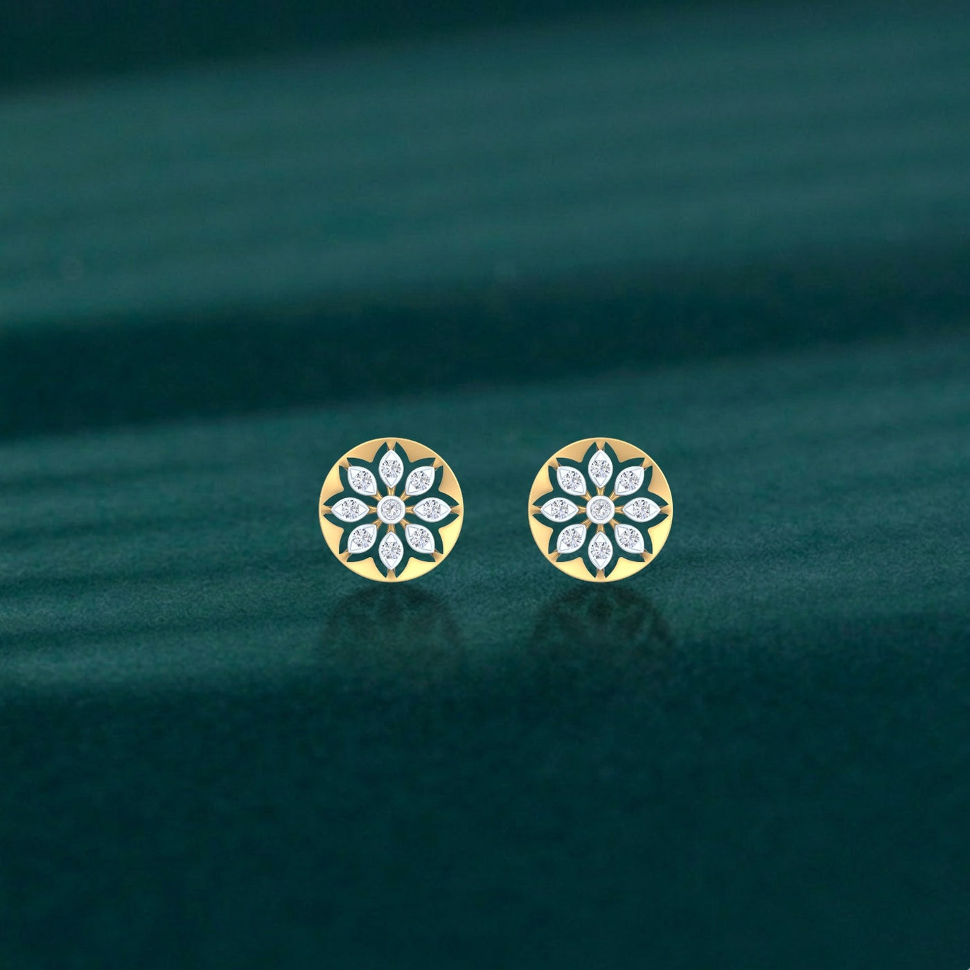 Gold and diamond round-shaped stud earring with floral-design on a teal background.