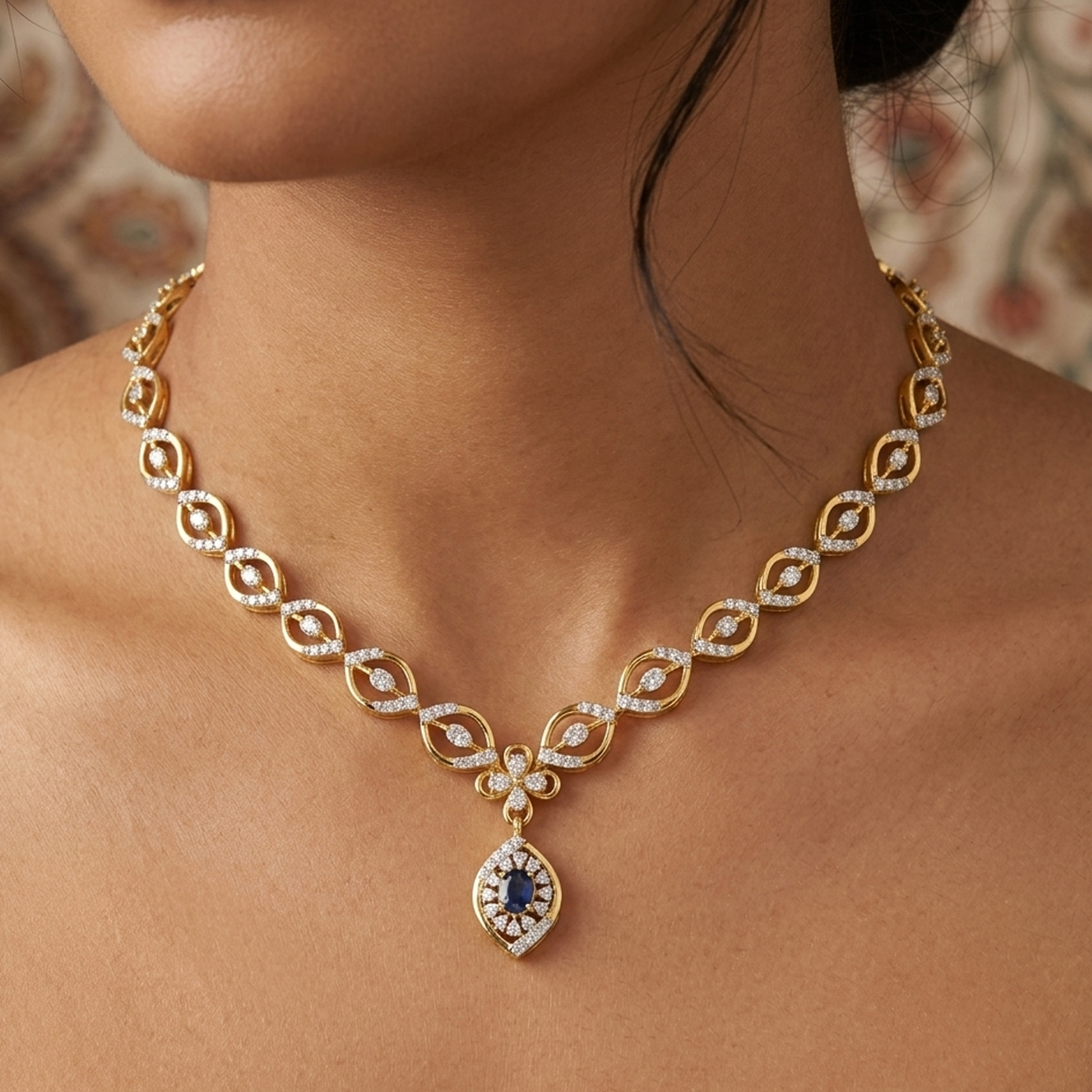 Gold & Diamond Gemstone Necklace Set KRC60090
