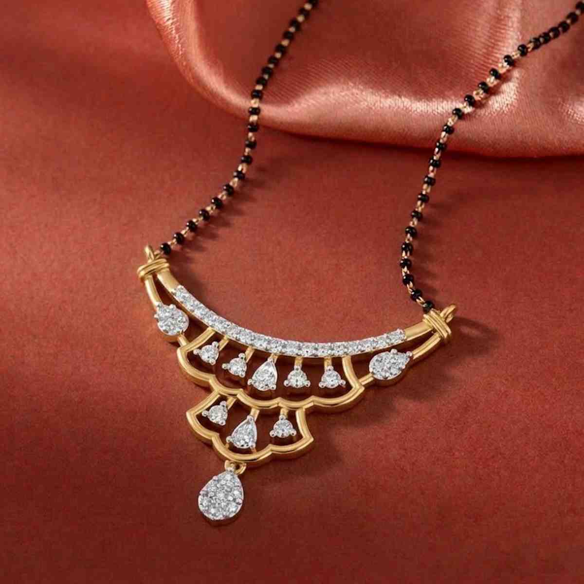 Gold & Diamond Bridal Mangalsutra on red background