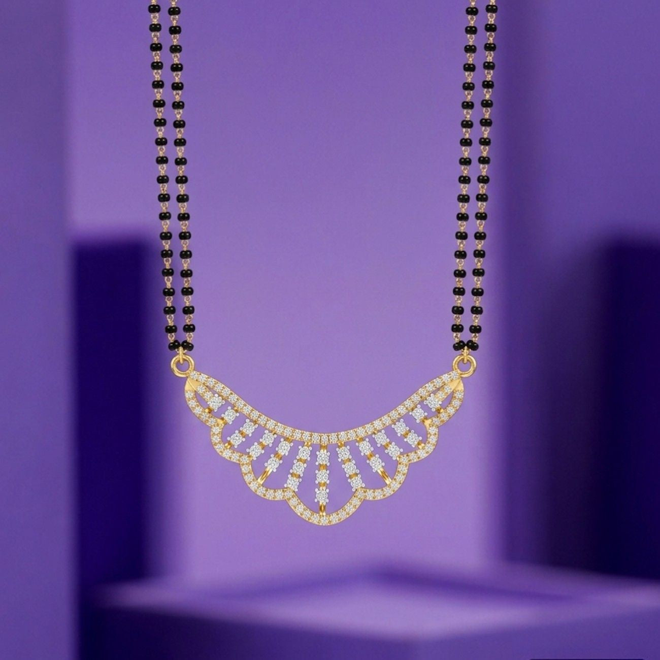 Yellow gold & diamond floral mangalsutra on purple background