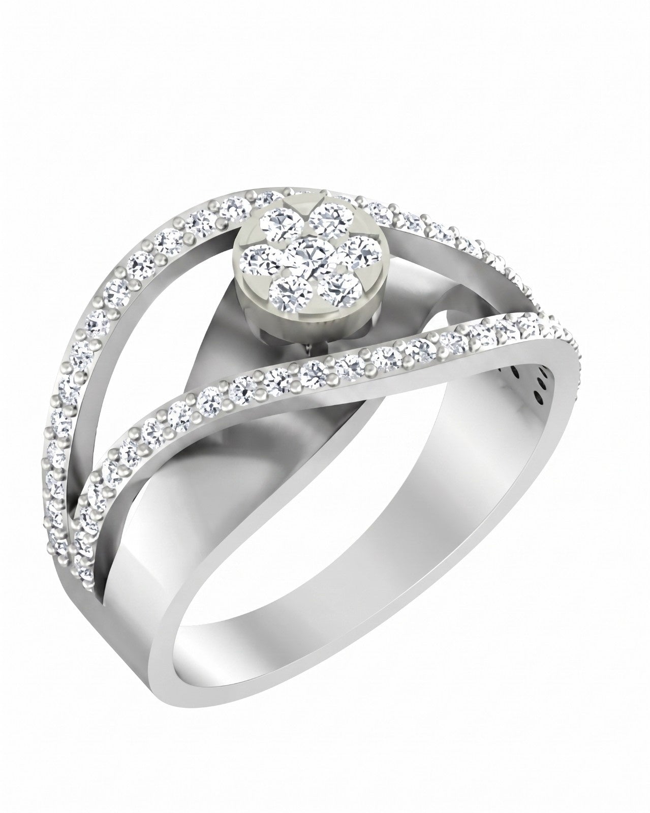 White gold ring with diamond accents on a white background.