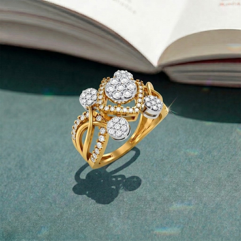 Gold ring with diamonds on a textured surface