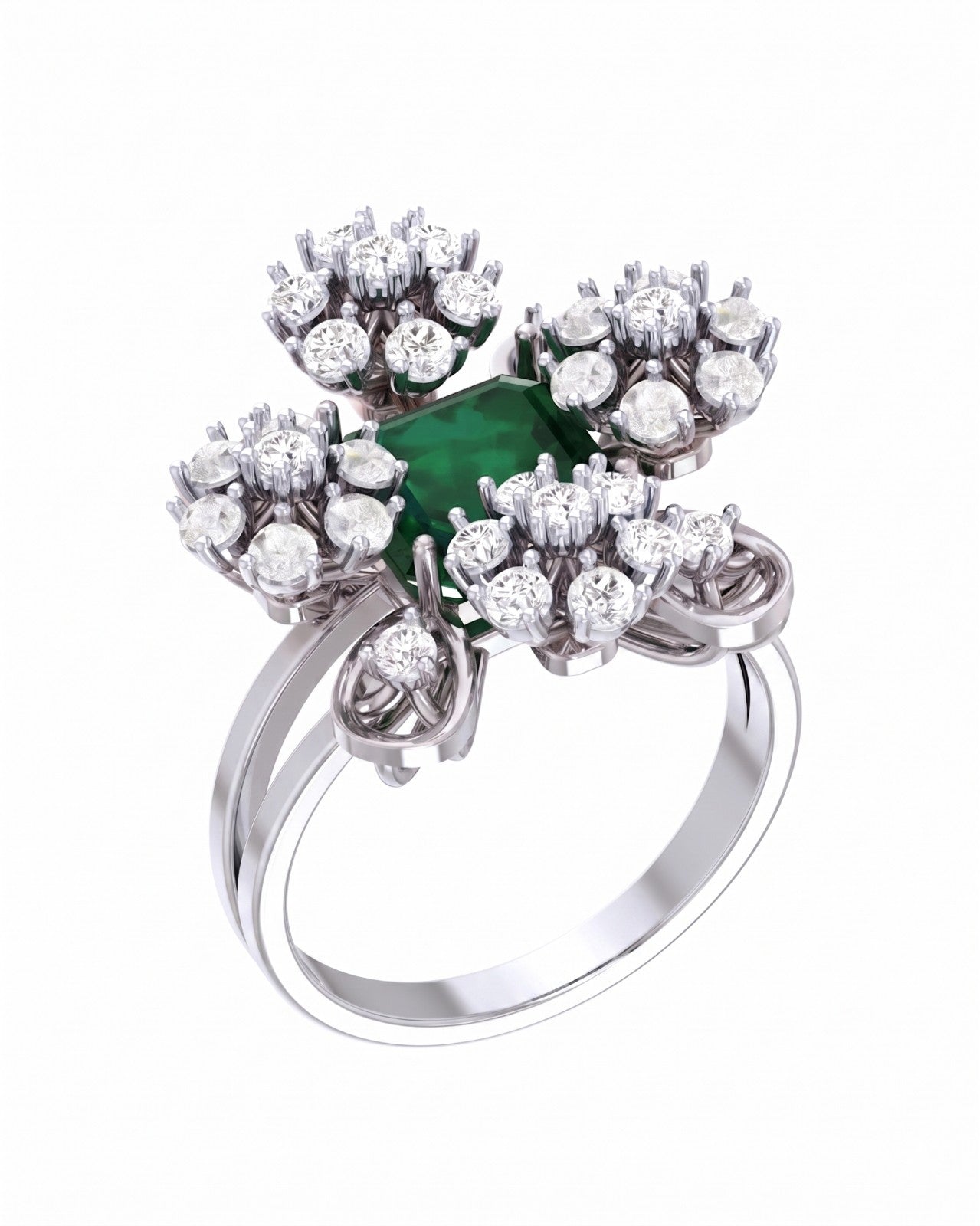 A white gold ring featuring a central emerald-cut green gemstone surrounded by four floral clusters, set on a plain white background.