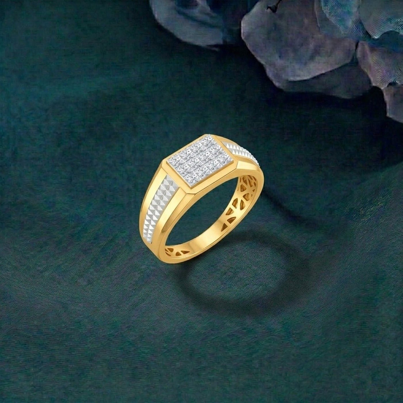 Gold ring with diamond accents on a dark textured background