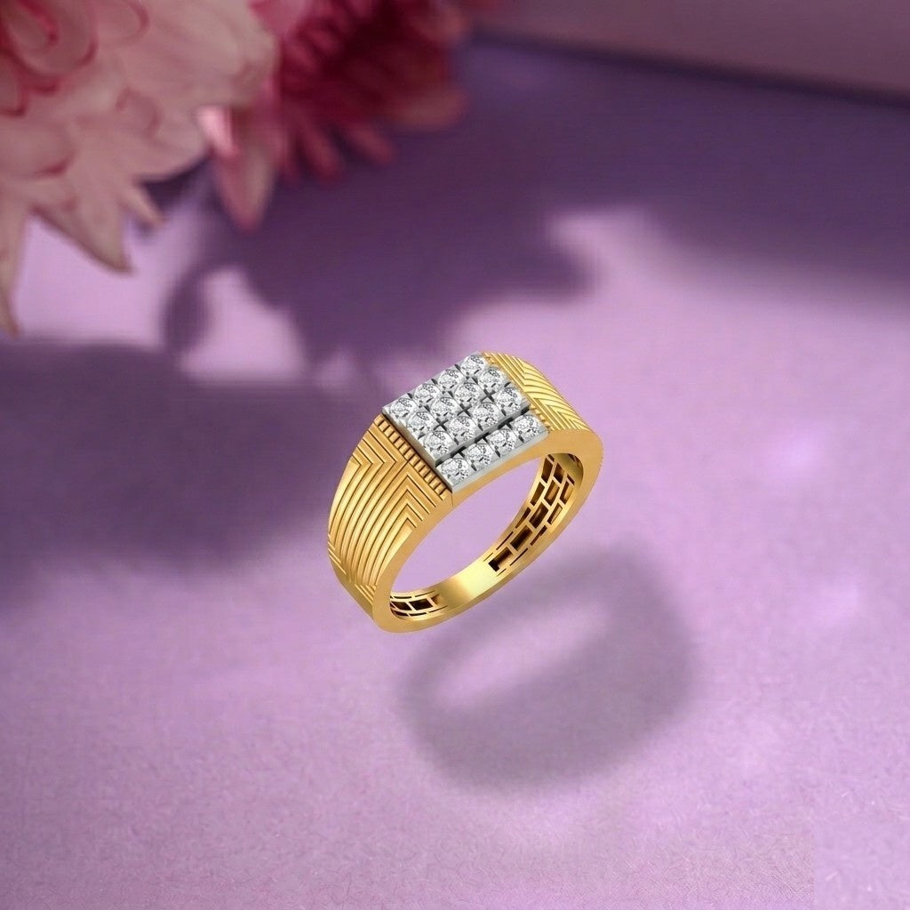 A yellow gold ring with a rectangular diamond cluster setting, displayed on a soft purple surface.