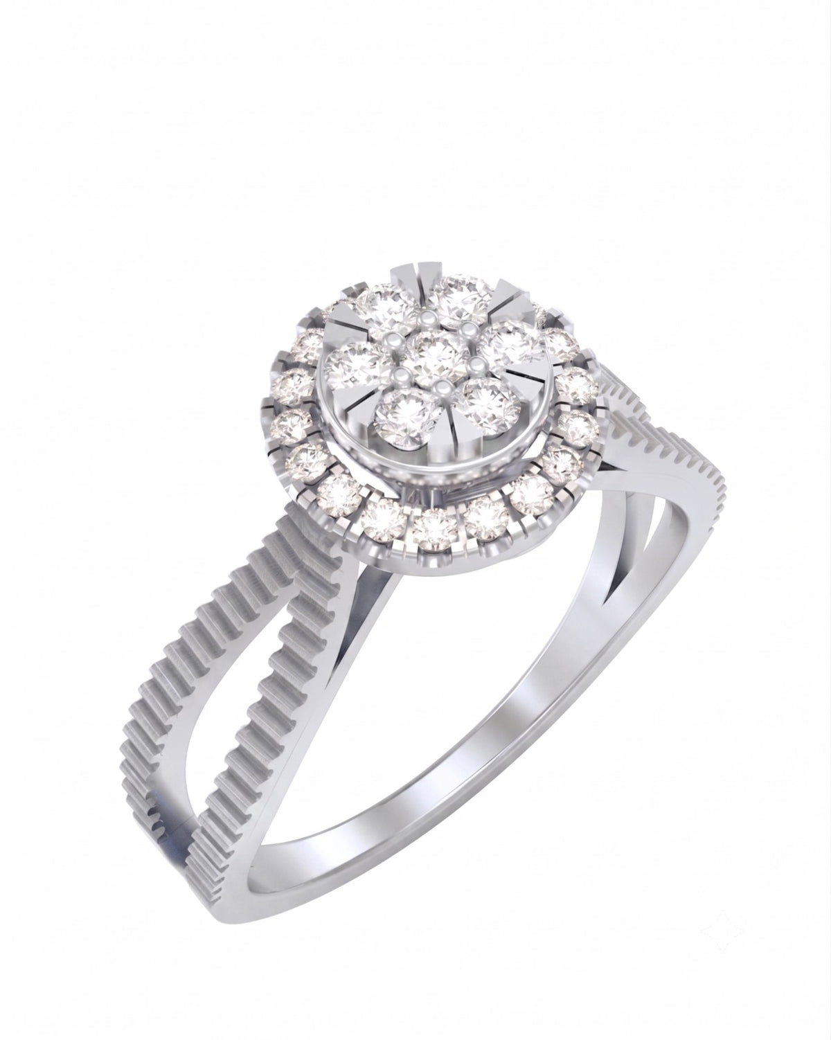 A white diamond ring with a round cluster center stone surrounded by a halo, shown on a white background.