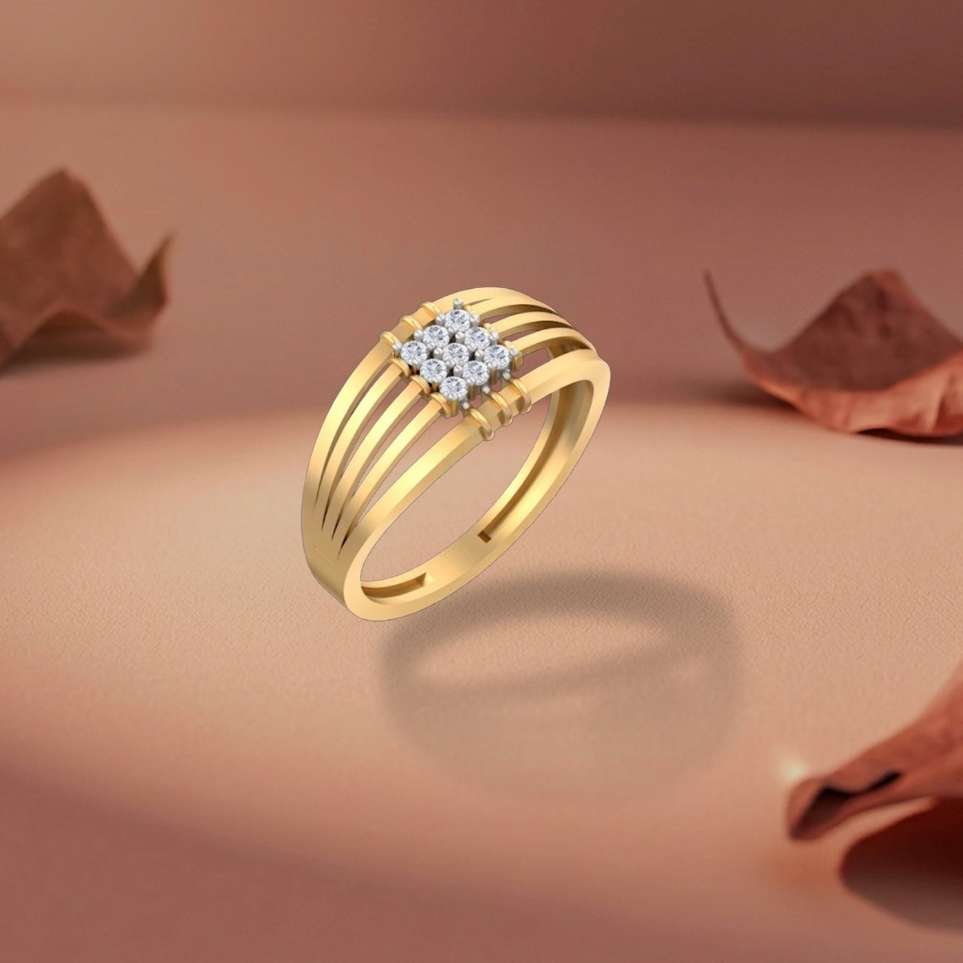 Gold ring with a diamond on a brown background.
