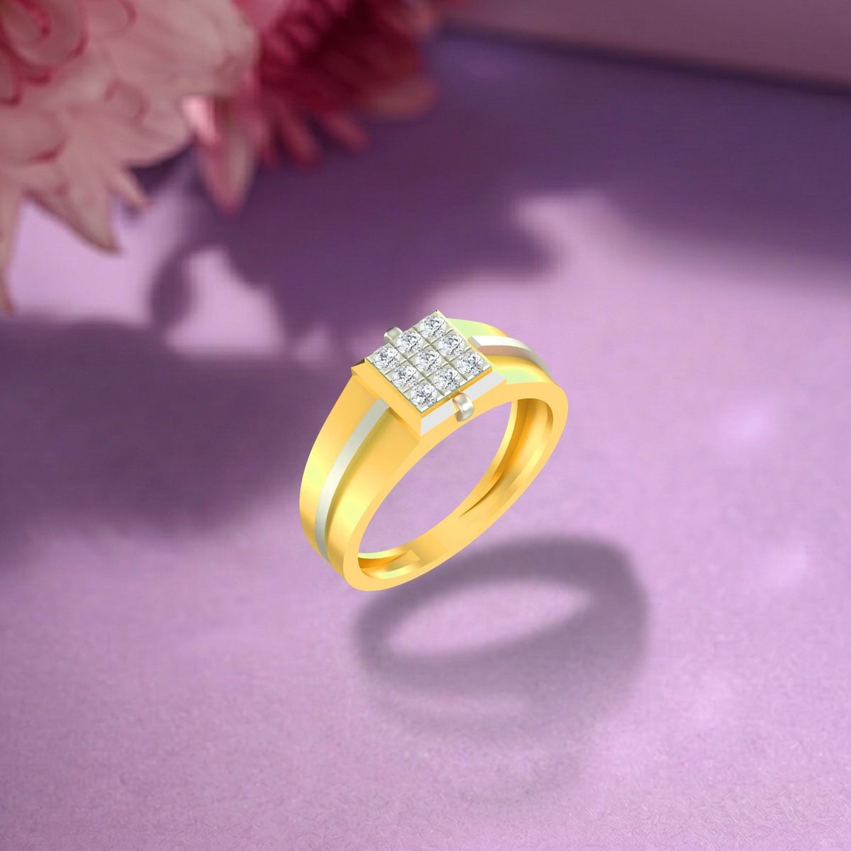 Gold ring with diamond accents on a purple surface