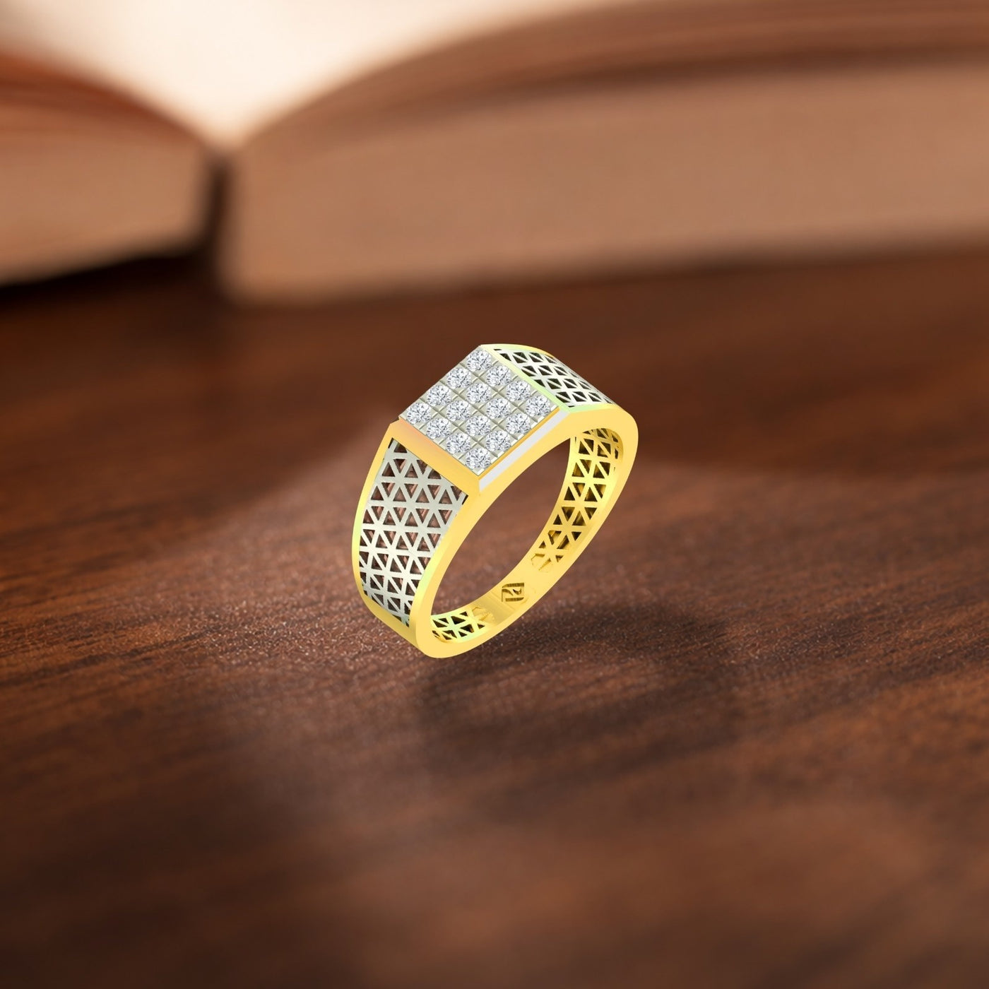 Gold ring with diamond accents on a wooden surface