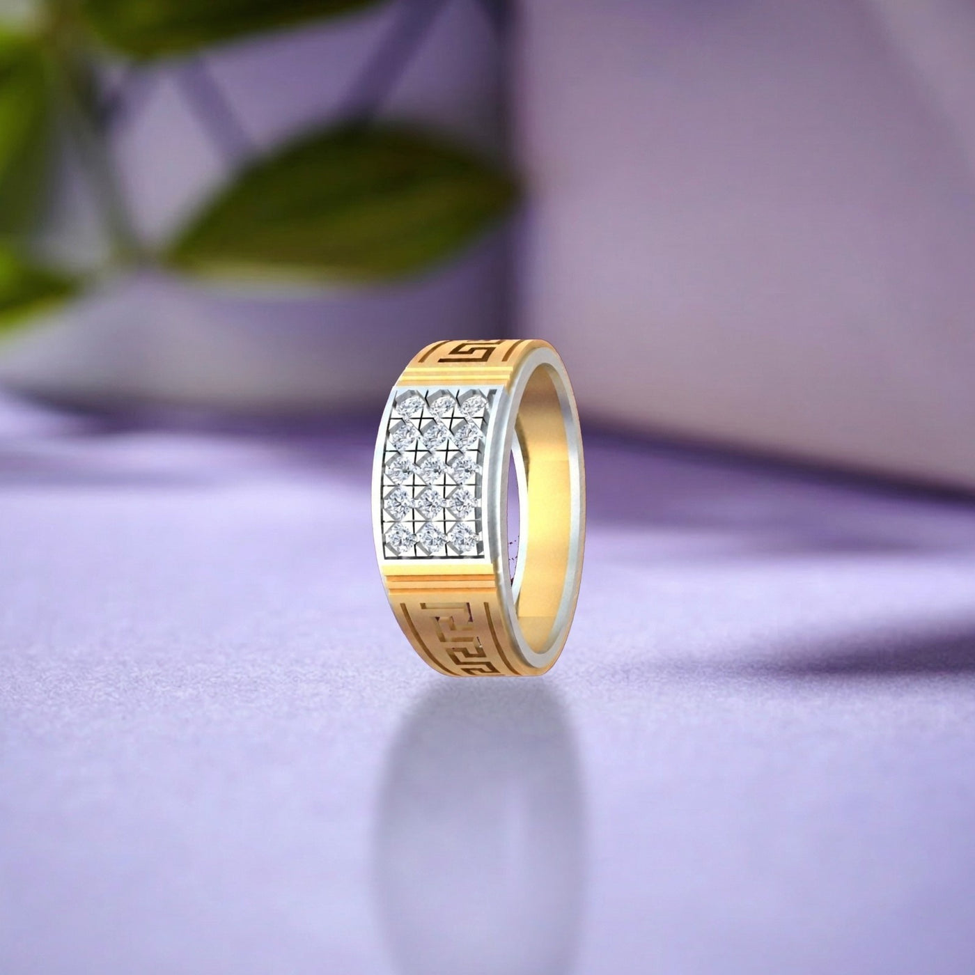 A gold and diamond band ring with a central cluster, on a light purple surface.
