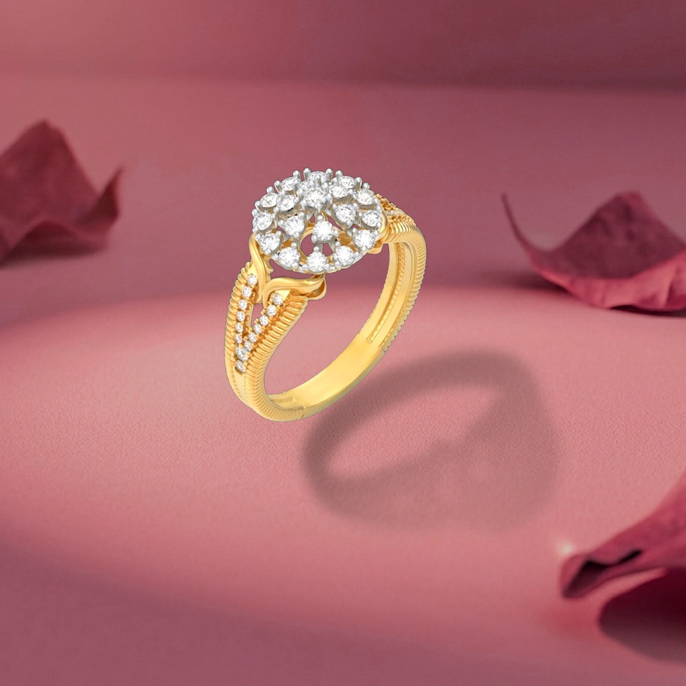 Gold ring with diamonds on a pink background