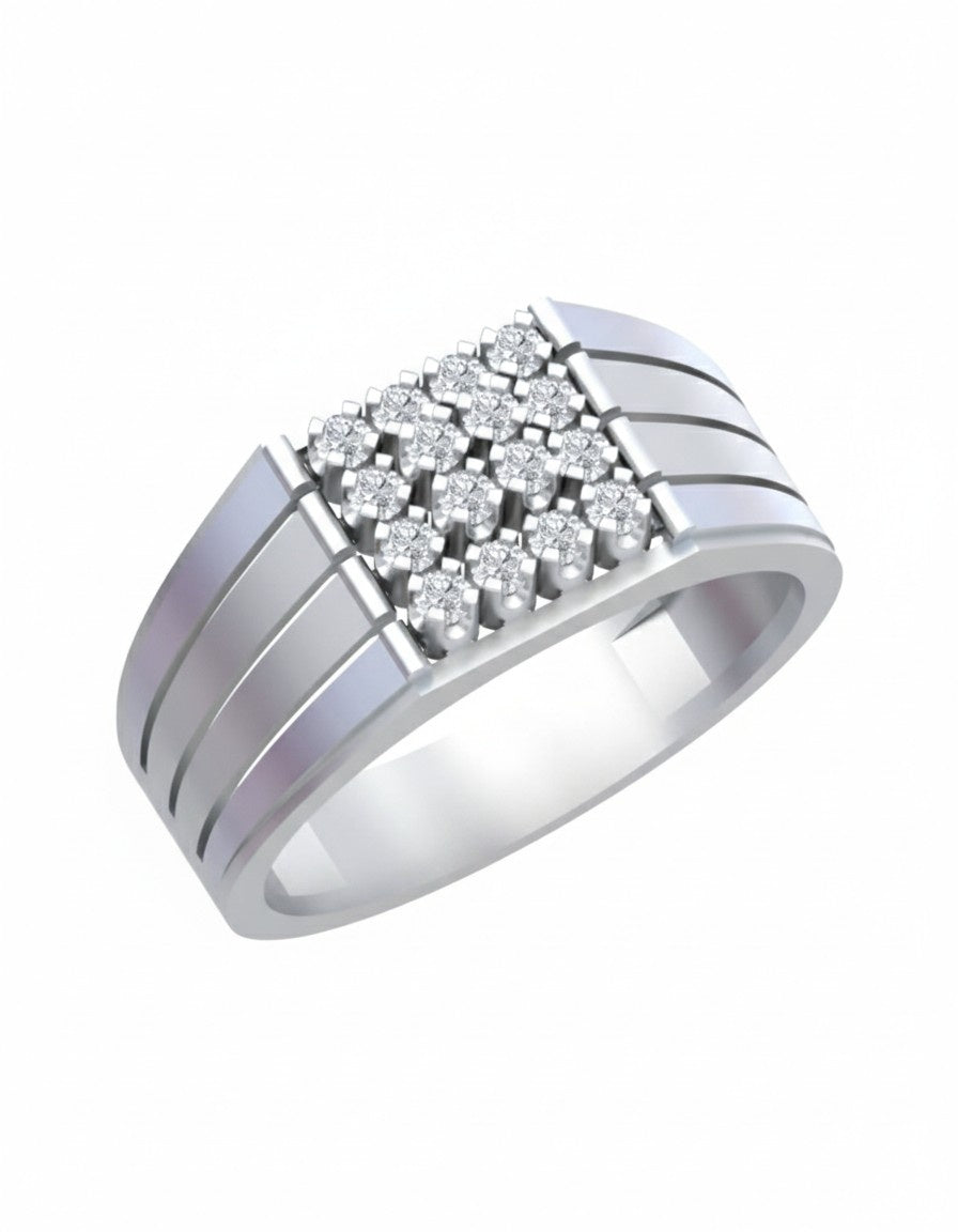 A white gold men's ring featuring a central cluster of round-cut diamonds set in a square shape, shown on a plain white background.