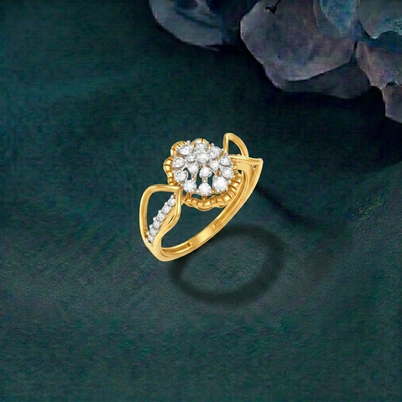 Gold ring with diamond-like stones on a dark green background.