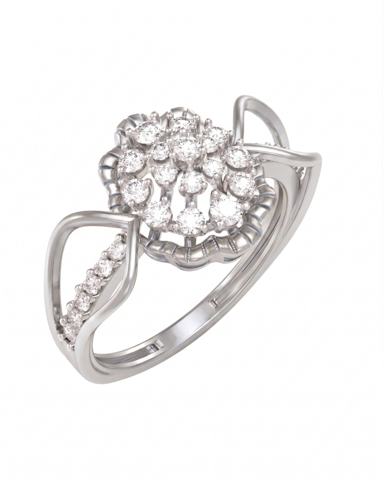 A white gold ring with a flower-shaped cluster, shown on a plain white background.