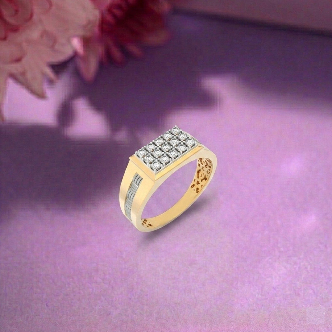 A men's signet ring featuring a gold band with a diamond rectangular, on a purple surface.