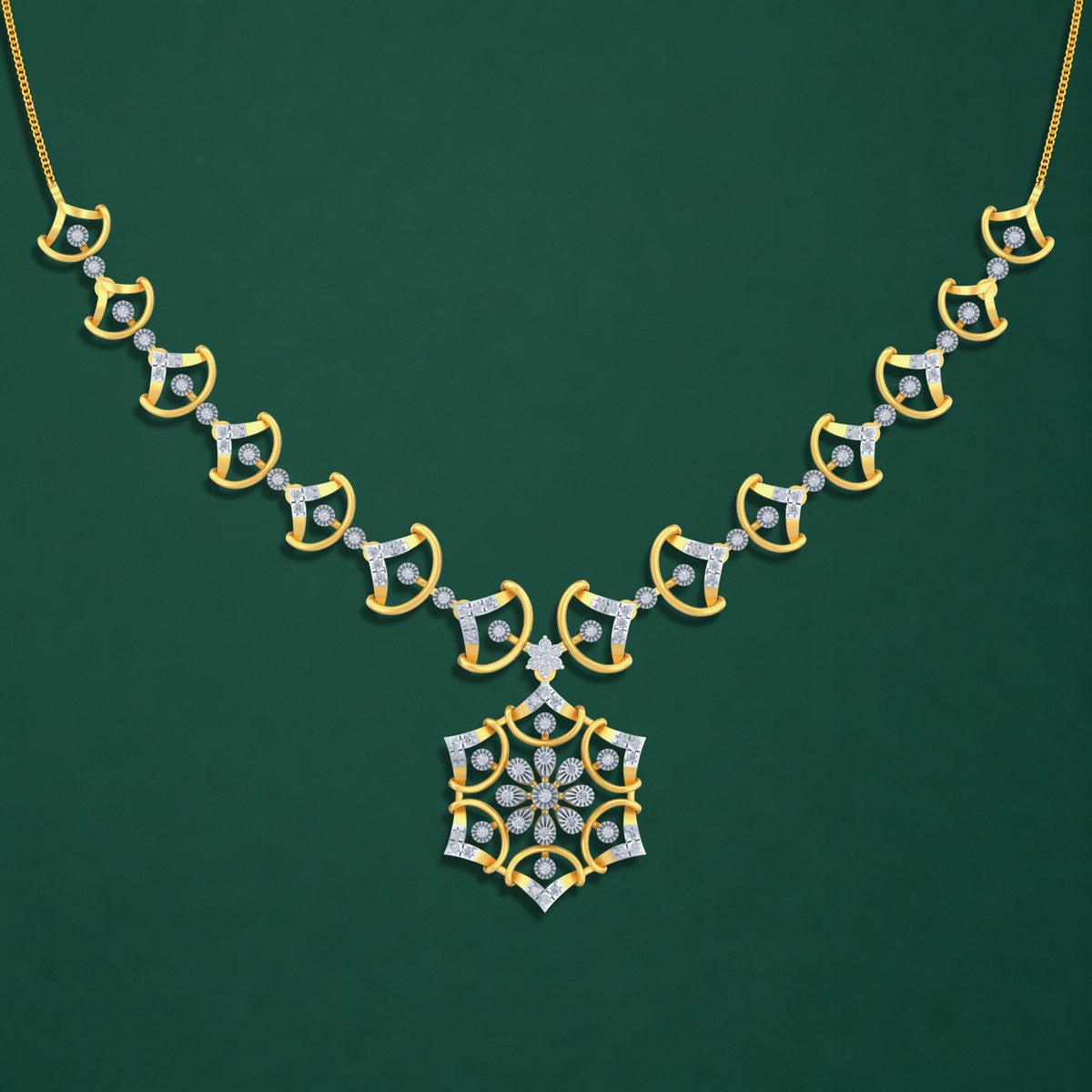 A gold necklace with a detailed floral and circular link motifs, worn by a model in a beige traditional.