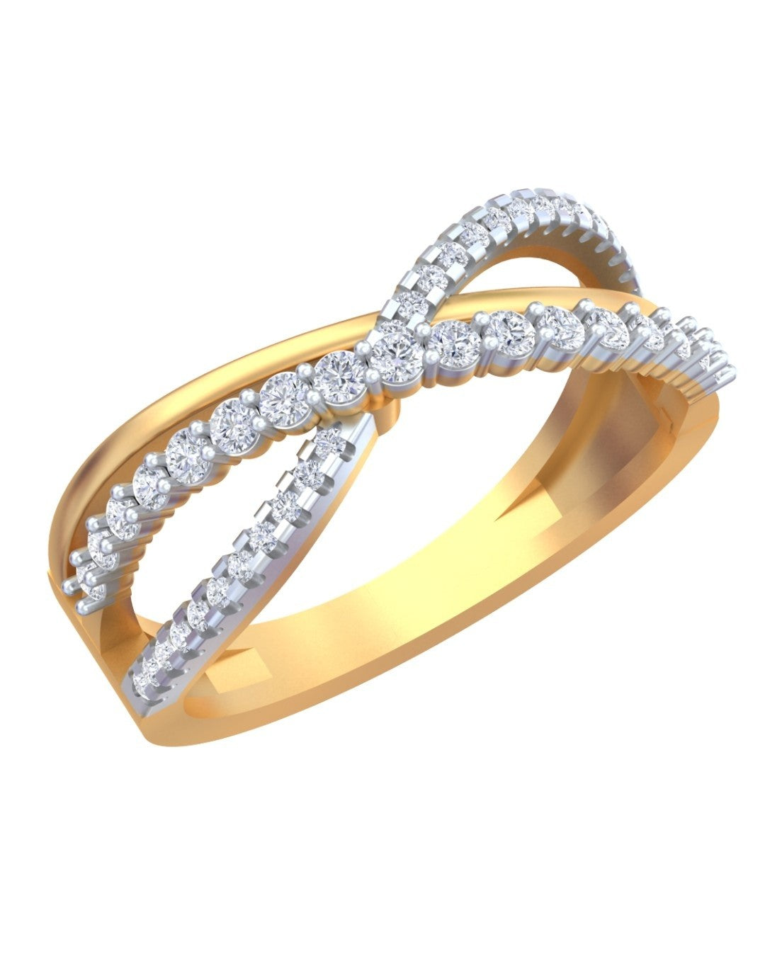 Yellow gold and diamond infinity ring on a white background.