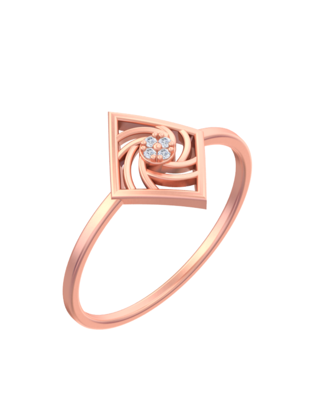 Rose gold ring with a diamond design on a white background
