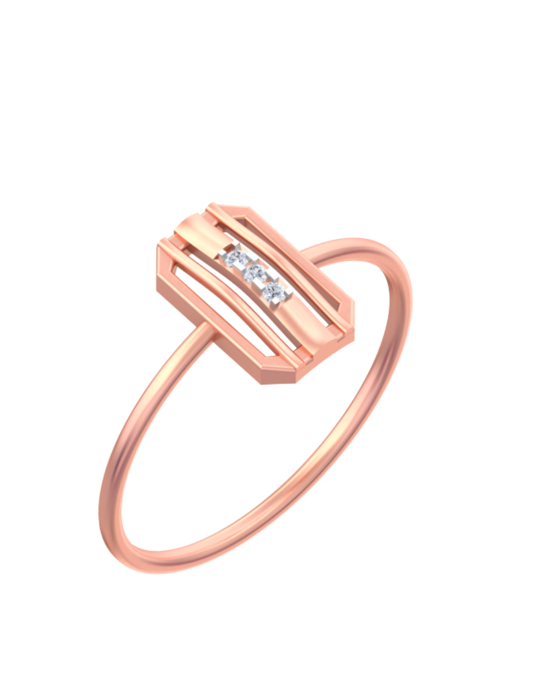 Rose gold ring with diamond accents on a white background