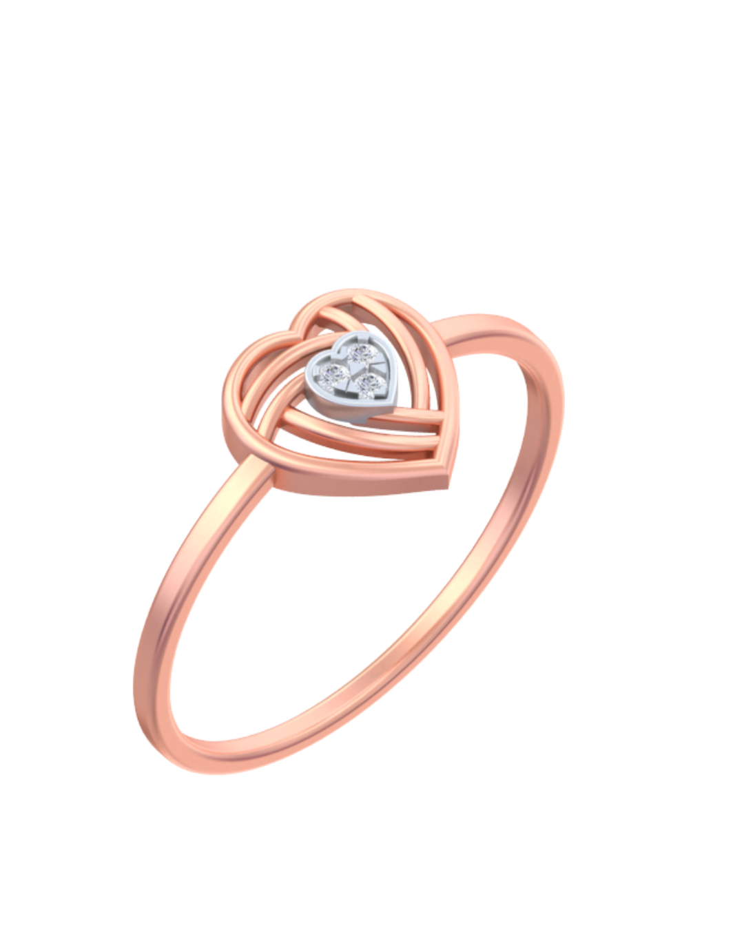 Rose gold ring with heart design on a white background