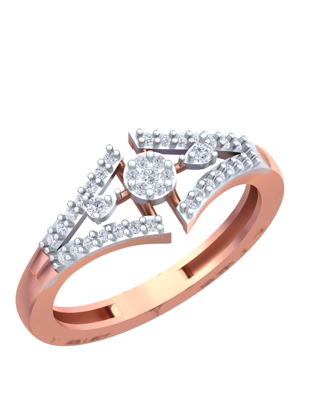 Rose gold and silver ring with diamonds on a white background