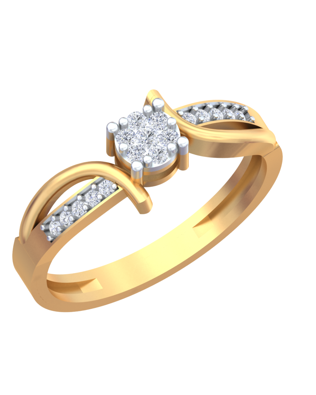 Yellow gold ring with diamond accents on a white background