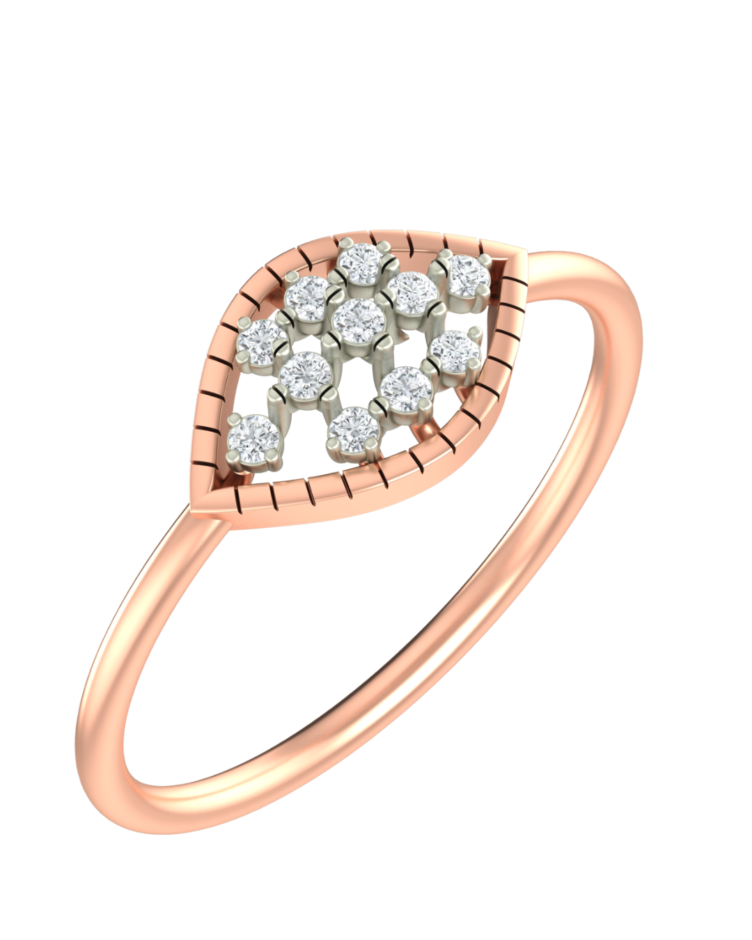 Rose gold ring with diamond accents on a white background