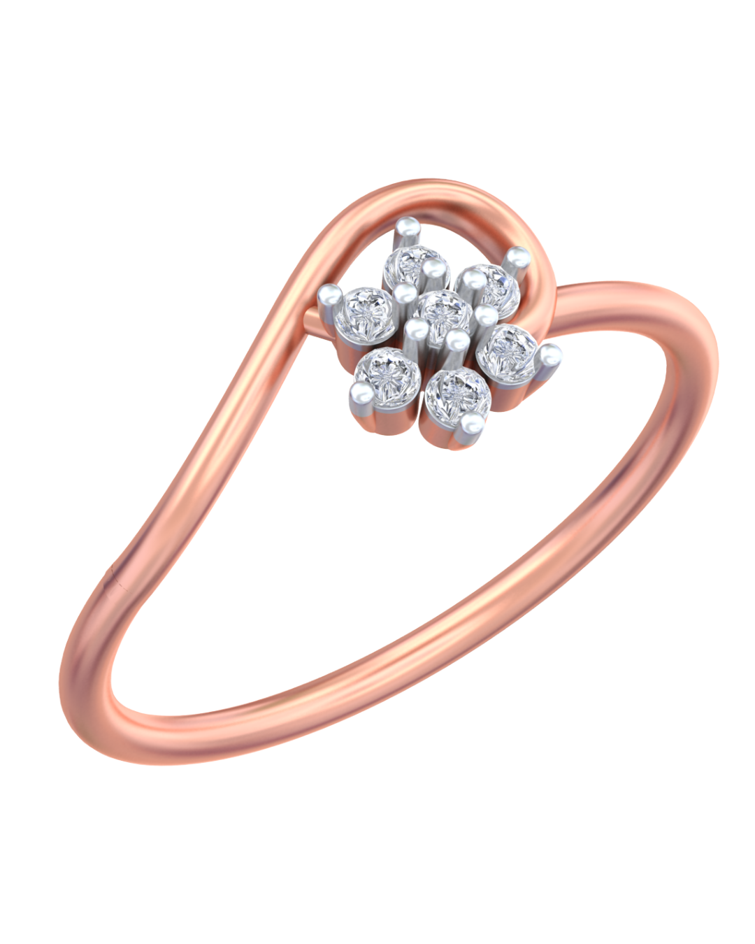 Rose gold ring with diamond cluster on a white background