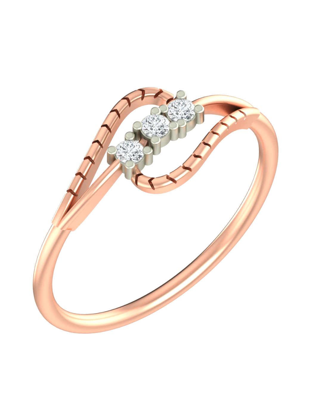 Rose gold ring with three diamonds on a white background