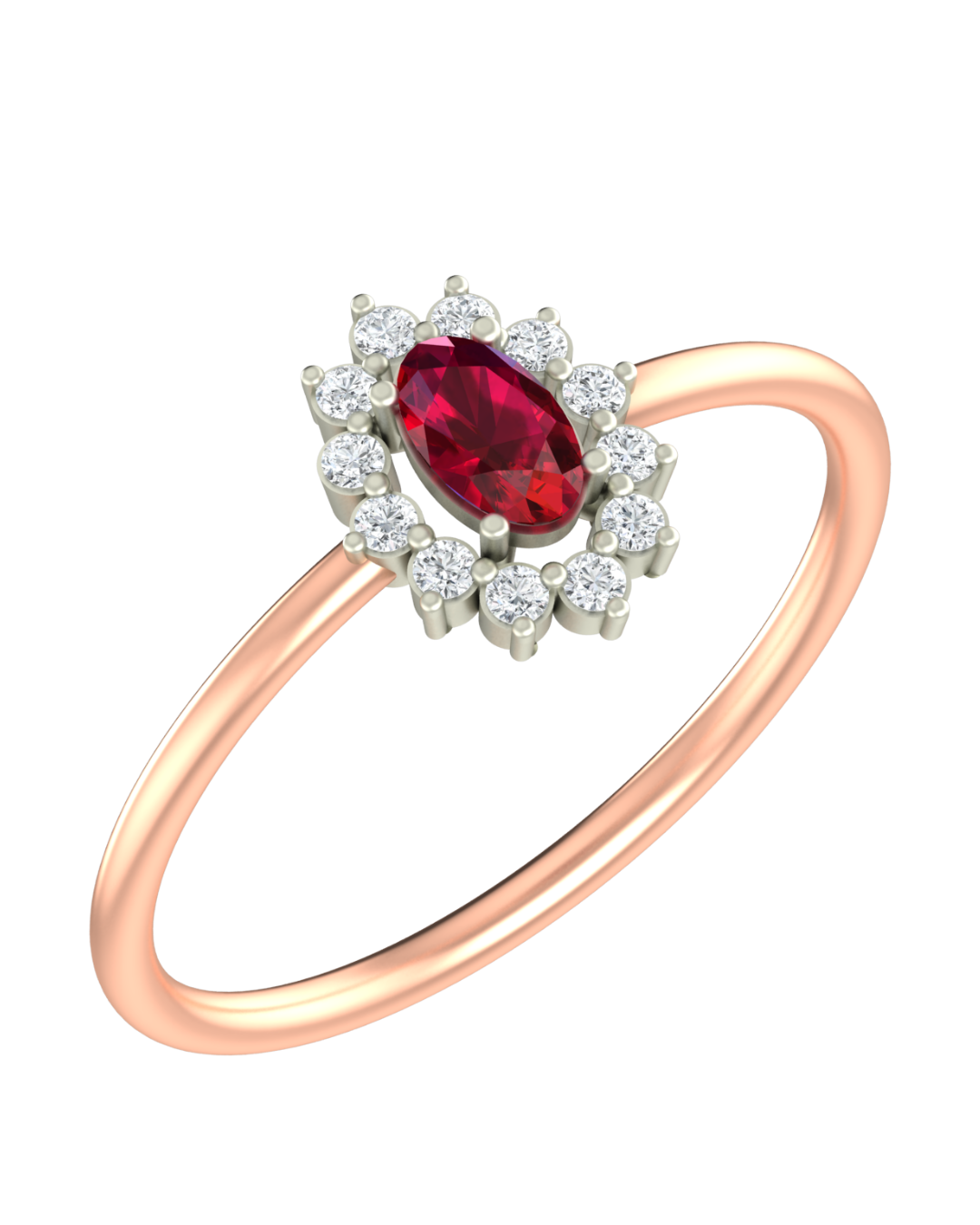 Rose gold ring with a red gemstone and diamond accents on a white background