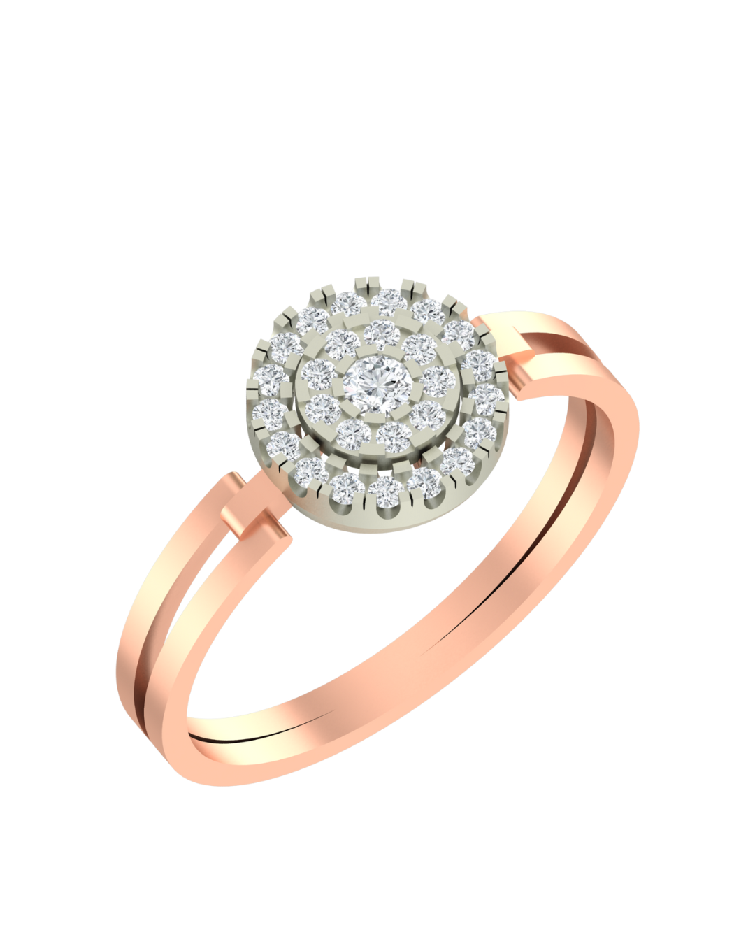 Rose gold ring with a diamond cluster on a white background