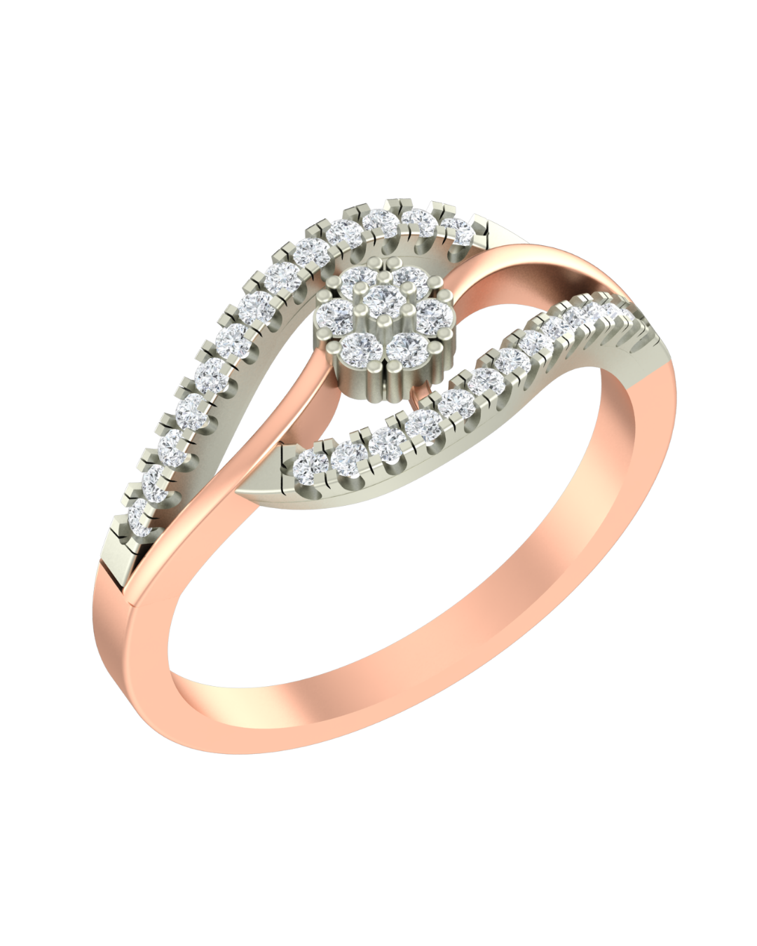 Rose gold and diamond ring with diamond accents on a white background