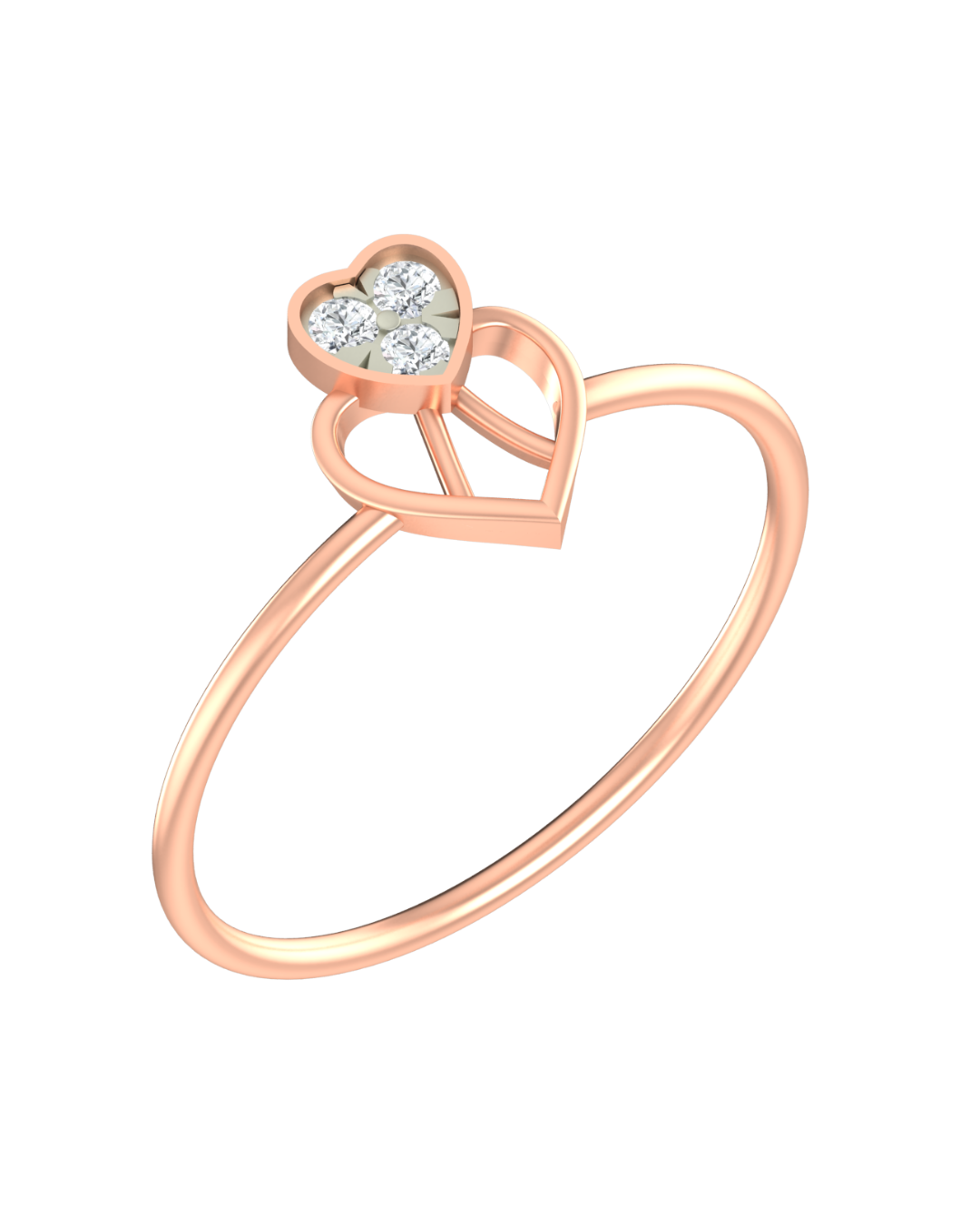 Rose gold ring with heart-shaped diamond on a white background
