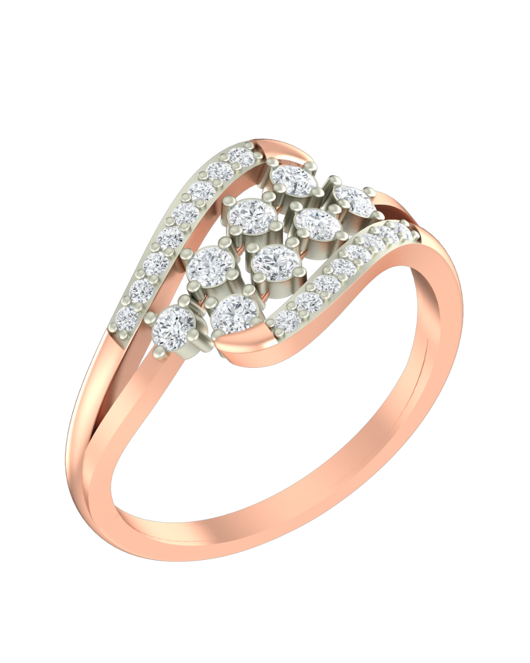 Rose gold ring with diamonds on a white background